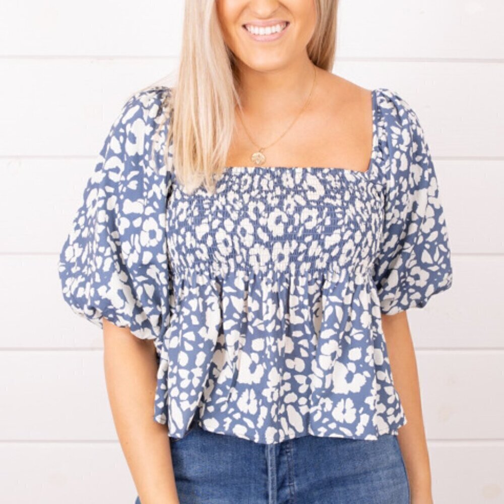 NEW NWT By Together Blue Cream Blouse Square Neckline